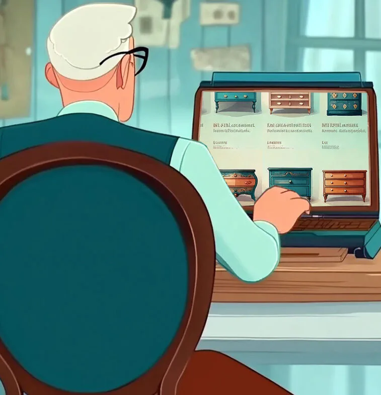 En äldre man sitter vid ett skrivbord, fokuserad på sin laptop, omgiven av böcker och papper i ett mysigt arbetsrum.